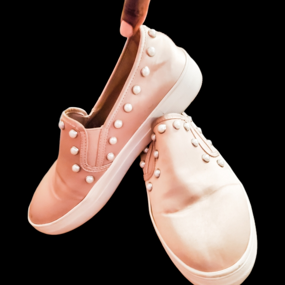 STEVE MADDEN Slip~on Sneaker Pink Satin w/ Pearl Embellishments